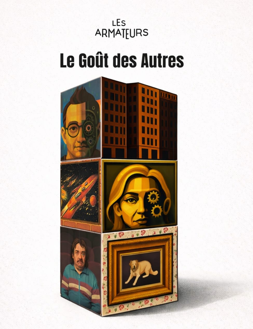 Visuel principal du spectacle Le Gout des autres avec les cubes scenographiques